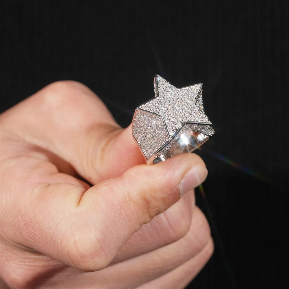 Hiphop Iced Out 5a Zircon Star Men Ring Plated White Gold Bling Rock Cubic Zirconia Party Rings Wholesale Fashion  Gift