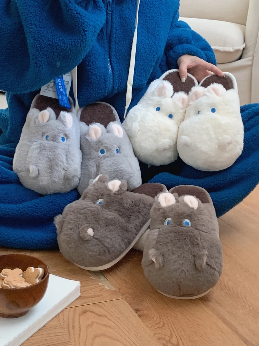 

Couples Cute Hippo Home Slipper 2023 Winter Warm And Non Slip Plush Cotton Slippers For Men And Women Slipper