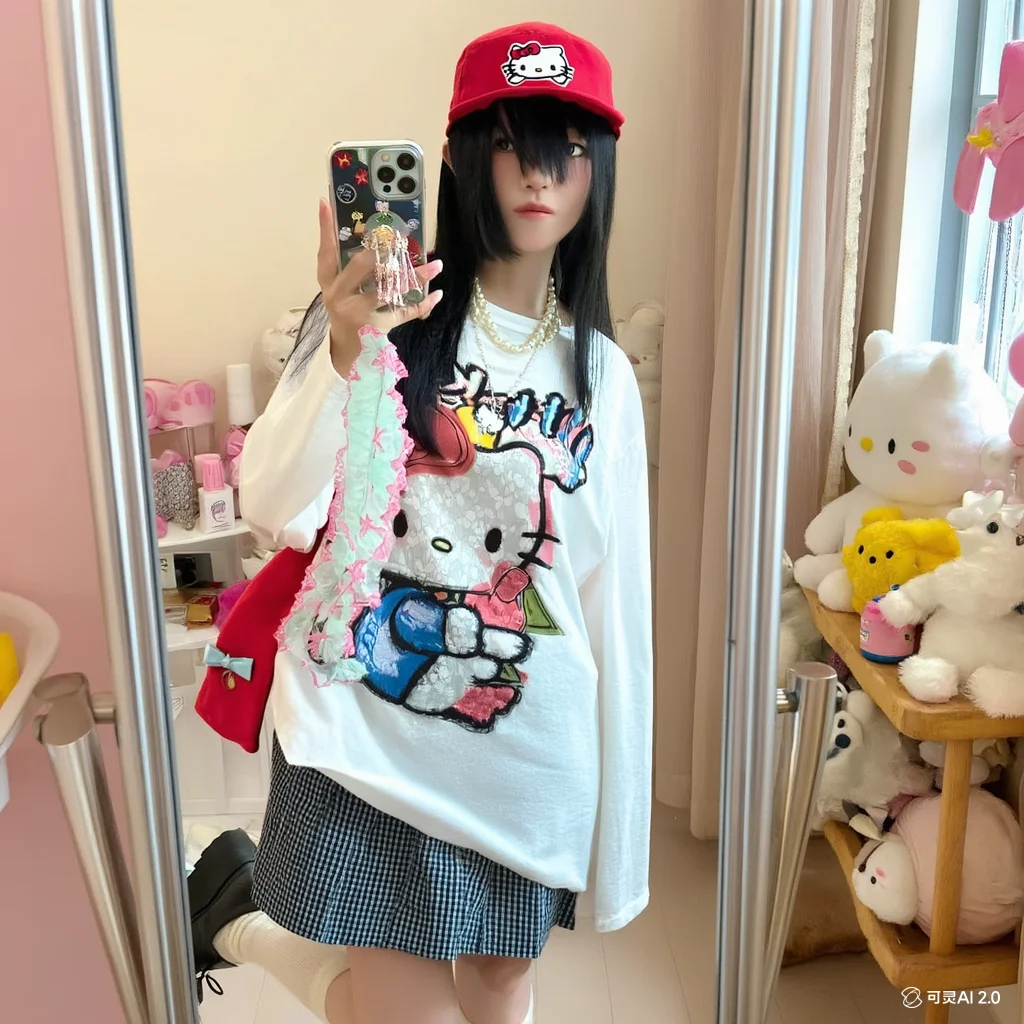 Kawaii Koreanische Version Lose Frühling Herbst Look Dünner Hallo Kittys Lose Druck Lange Ärmel T-Shirt Frische Süße Nette Mädchen