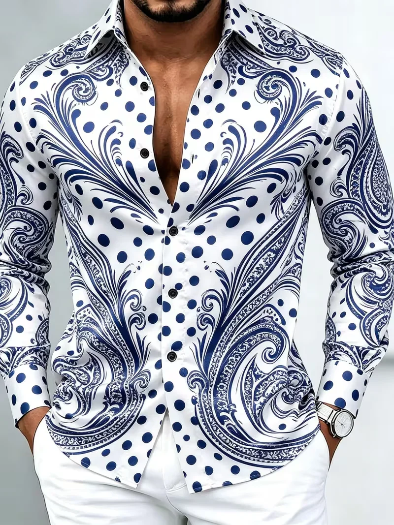 New Silver Grid Red Peony Retro Totem Printed Long Sleeve Shirt with Smooth Drop and Satin Collar for Men