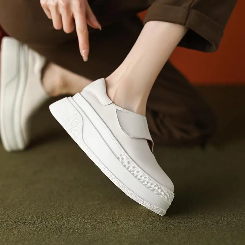 Krazing Pot Cow Split Leather Round Toe High Heels Spring Shoes Platform White Sneakers Simple Style Causal  Vulcanized Shoes