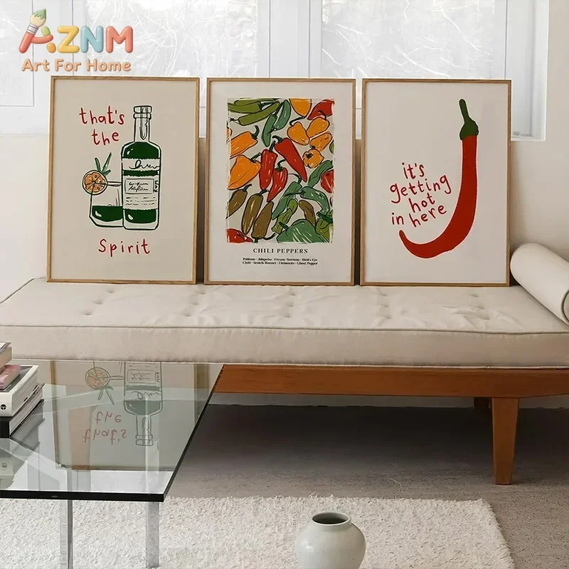 AZNM Retro Chili Pepper Canvas Wall Art, Funny Cocktail Drink Bottle Hand Drawn Art Print, Unframed Canvas Painting for Kitchen