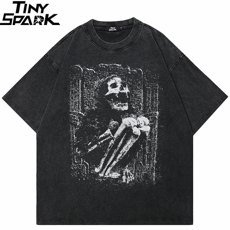 Hip Hop Streetwear 2024 Männer T-Shirt übergroße Vintage Schädel Grafik T-Shirt Retro gewaschen schwarz T-Shirt Baumwolle Unisex Tops T-Shirts