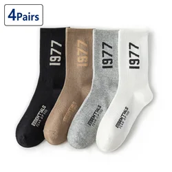 Chaussettes de sport en coton respirant pour hommes et femmes, bas de luxe, long tube, décontracté, skateboard, marque de créateur, mode, essentiel, 4 pièces