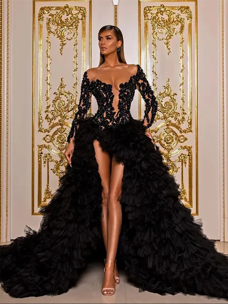 

Sexy Black Mermaid Long Sleeves Appliques Sequins Beads Lace Dresses V Neck Hollow Side Slit Floor Length Prom Gowns