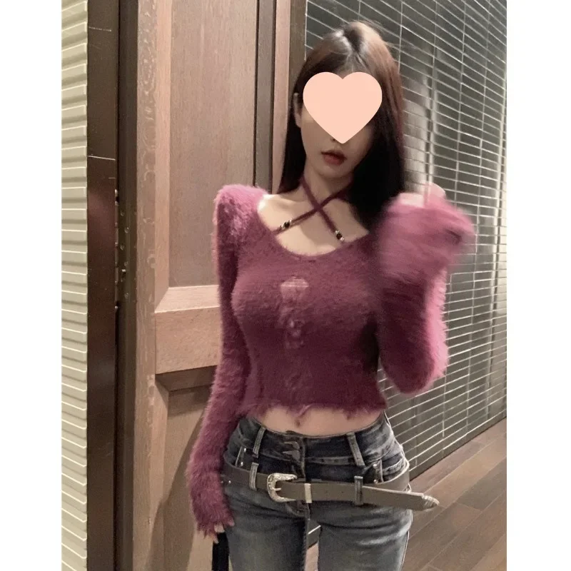 Korean Style Pure Desire Aesthetic Off-Shoulder Polo Collar Top High-End Feelslims Slimming Sexy Knit Top For Women