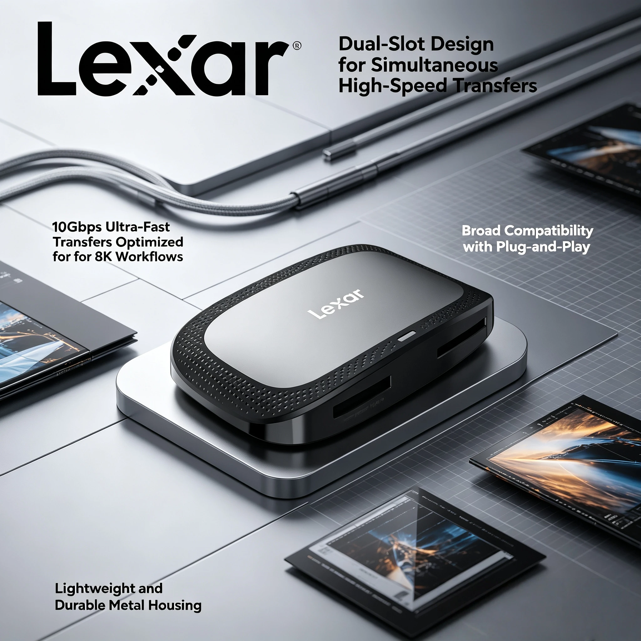 Lexar 10Gbps USB 32Gen2 Dual Slot Reader CFexpress TypeA SD UHS II 900MBs Read 312MBs 8K Video FastTransfer for Pro Photographer