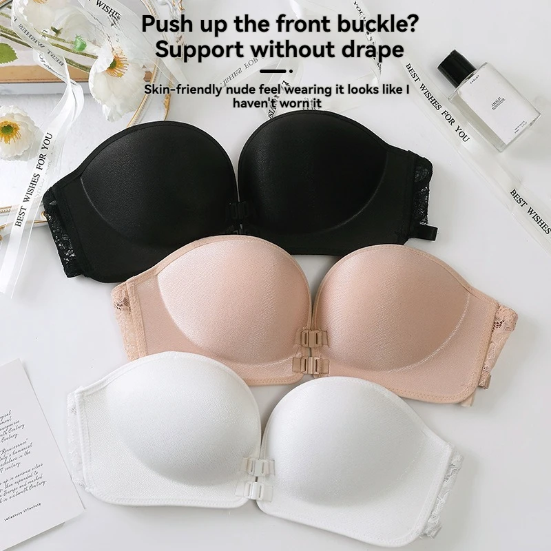 Gloednieuwe strapless strapless bh met knoop aan de voorkant en anti-drop-functie, kleine borst verzameld, onzichtbare borstomslag, geen spoorbeha