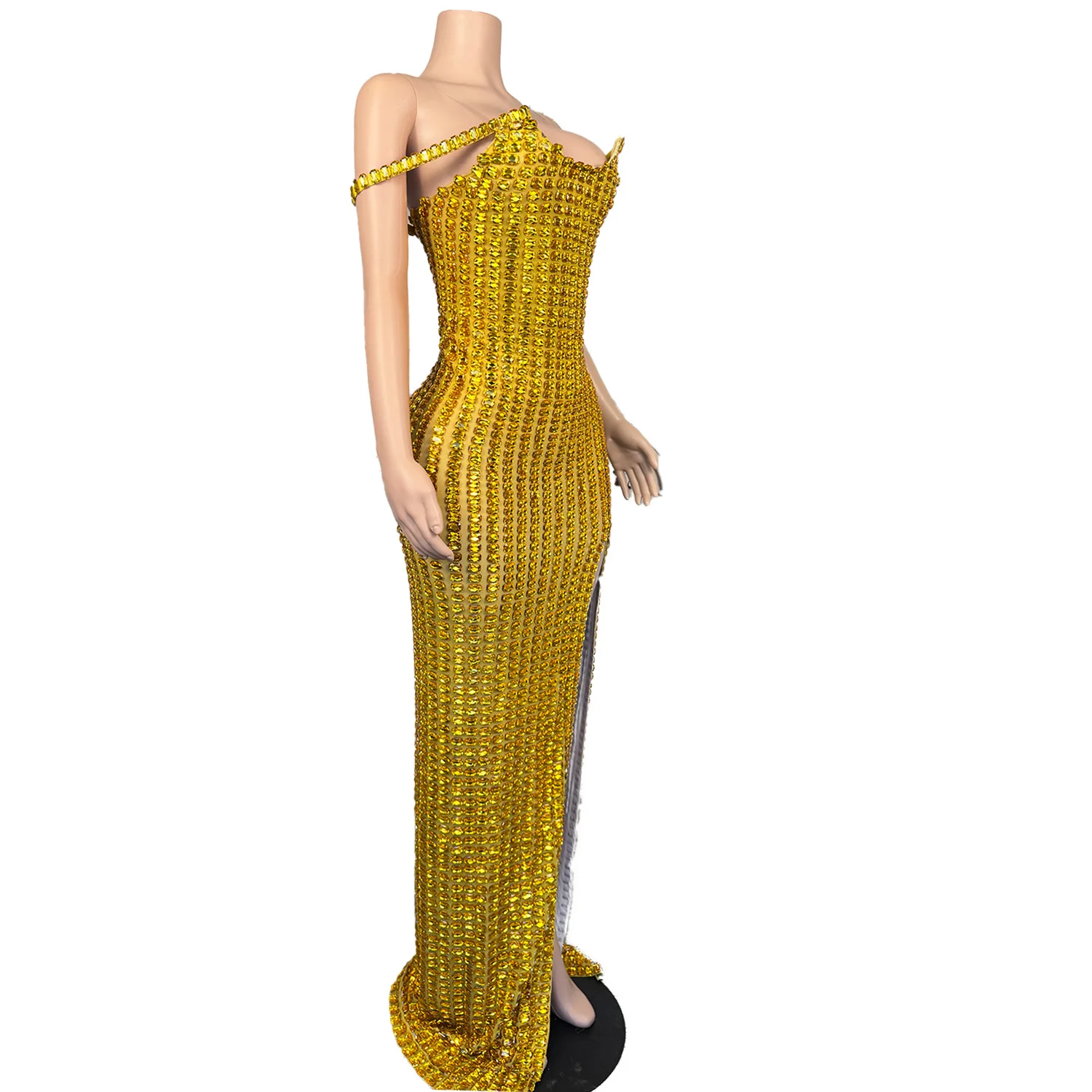 

Sparkling Golden Rhinestone Strapless Evening Gown Sexy Slit Celebrity Red Carpet Runway Show Dinner Party Long Dress kaijia