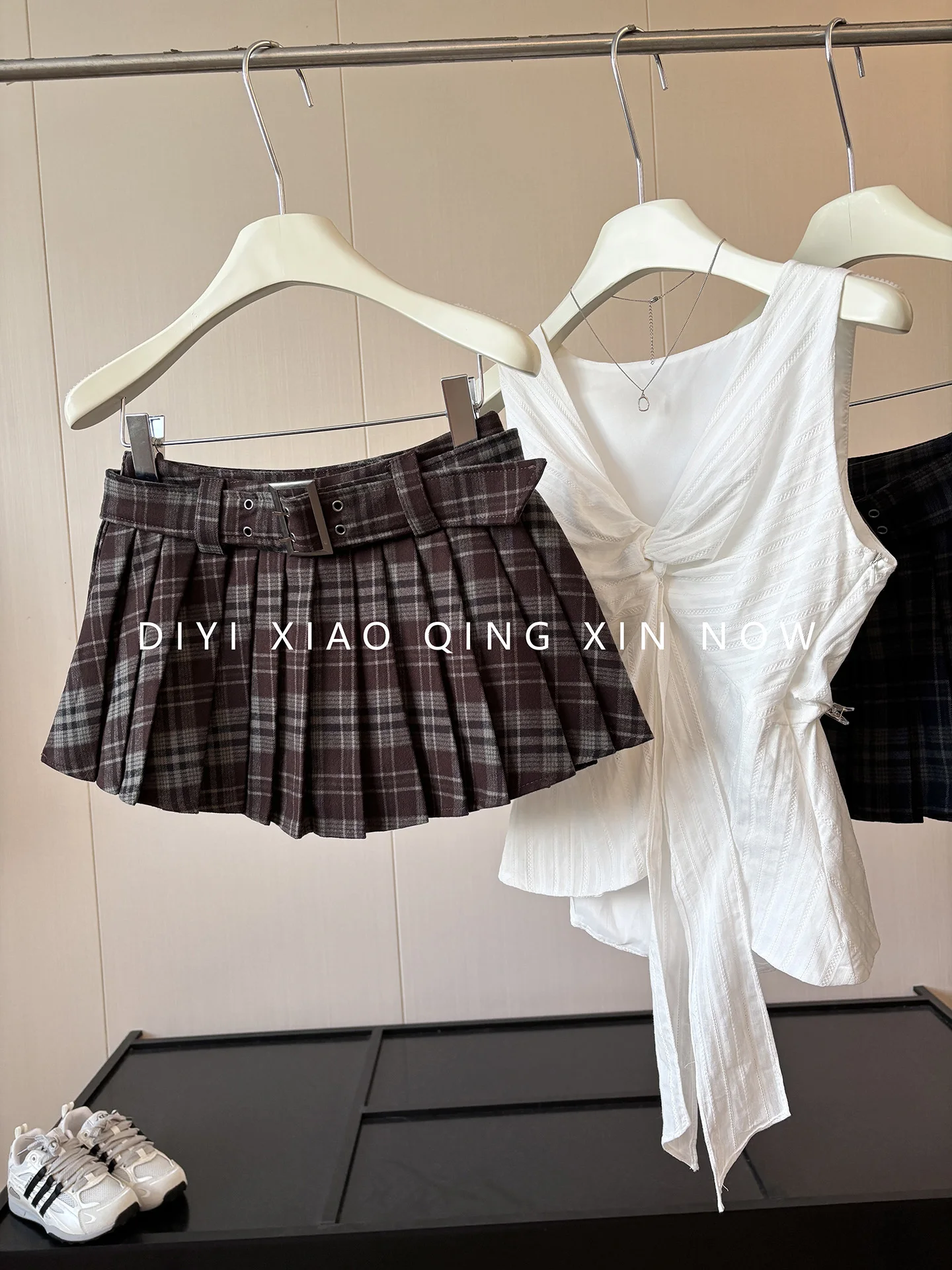 High Waist Plaid Pleated  Skirt Women's DIYI Academy Style Half-length Skirts with Belt Slimming Short Skirts