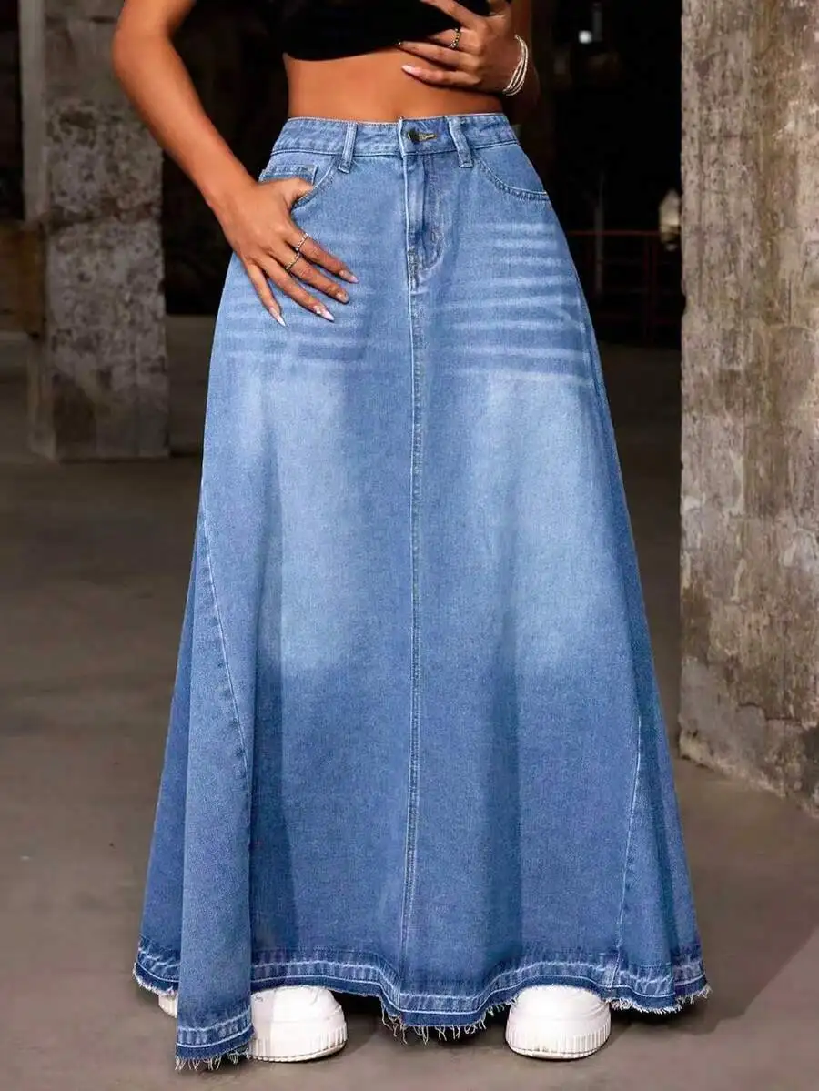 レディース ルーズフィット ロングデニムスカート ポケット付き フレイドヘム