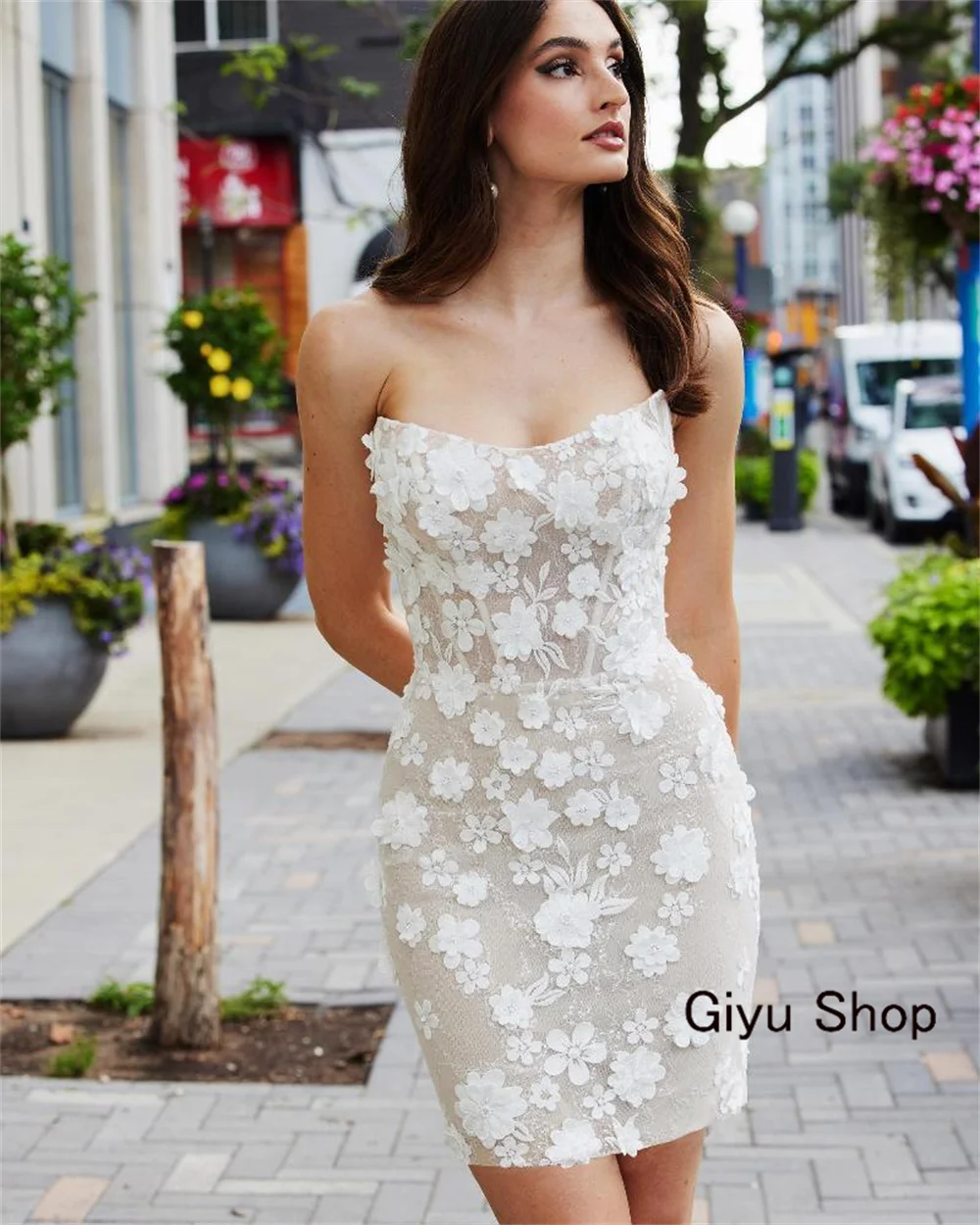 Giyu Modern Style Lace Followers Mini Wedding Dress 2024 Backless Detachable Shoulders Short-length Above The Knee Party Dress