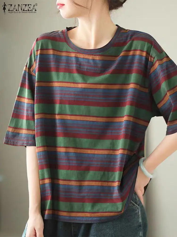 ZANZEA 2024 Summer Korean Fashion Tops Women Retro Colorful Stripe Tees Holiday Half Sleeve Tunic Casual Loose O-neck T-shirt