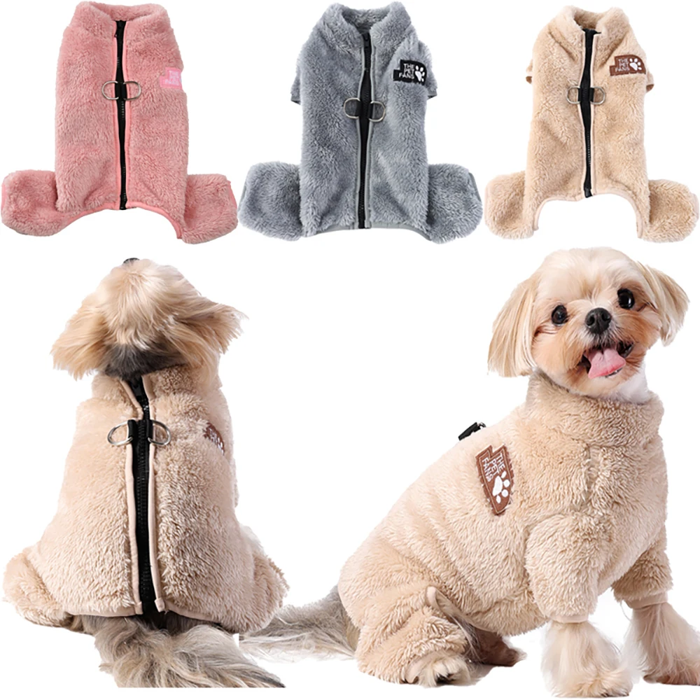 

Soft Fleece Dog Clothes Winter Four Legs Covered Plush Pet Coat D-Ring Zipper Puppy Jacket Autumn Overall For Small Middle Dog