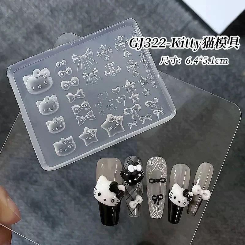 1 Uds. Molde de silicona 3D Kawaii Hello Kitty para decoración de uñas, pegatina transparente con lazo cruzado, plantilla de diseño de gatito para decoración de manicura DIY