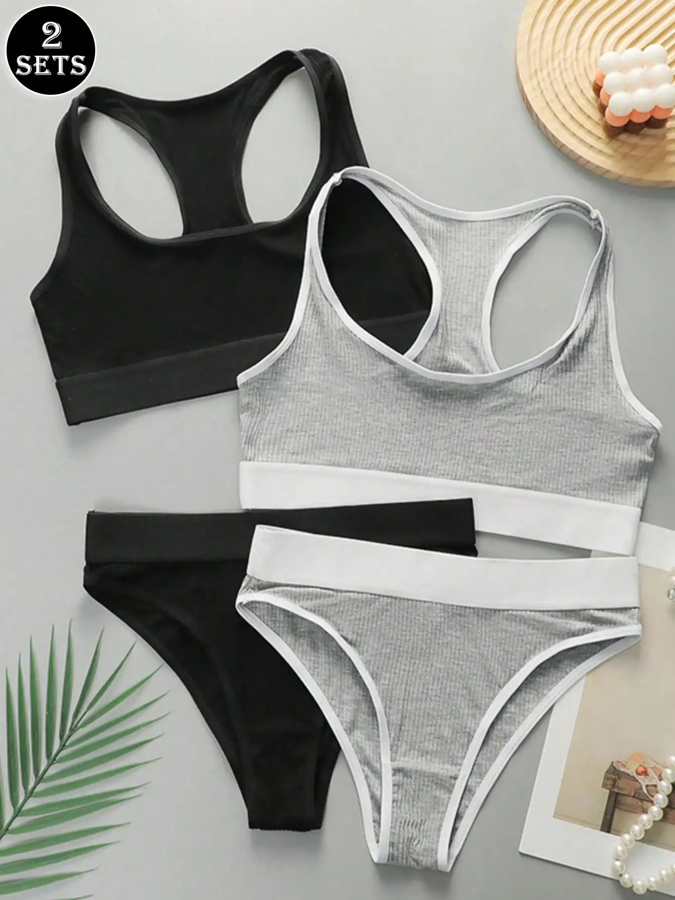 2 SETS Women's Solid Color Underwear Comfortable Seamless Sports Style Women's Bra Set Vest Women's Breathable