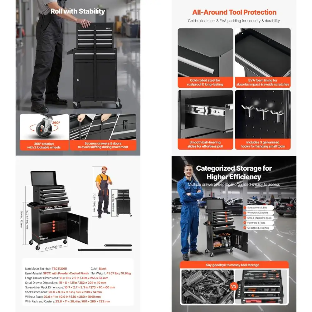 

Многофункциональный инструментальный ящик 2-в-1 с 5 выдвижными ящиками, съемной металлической крышкой, замком и полкой для инструментов для гаража и мастерской