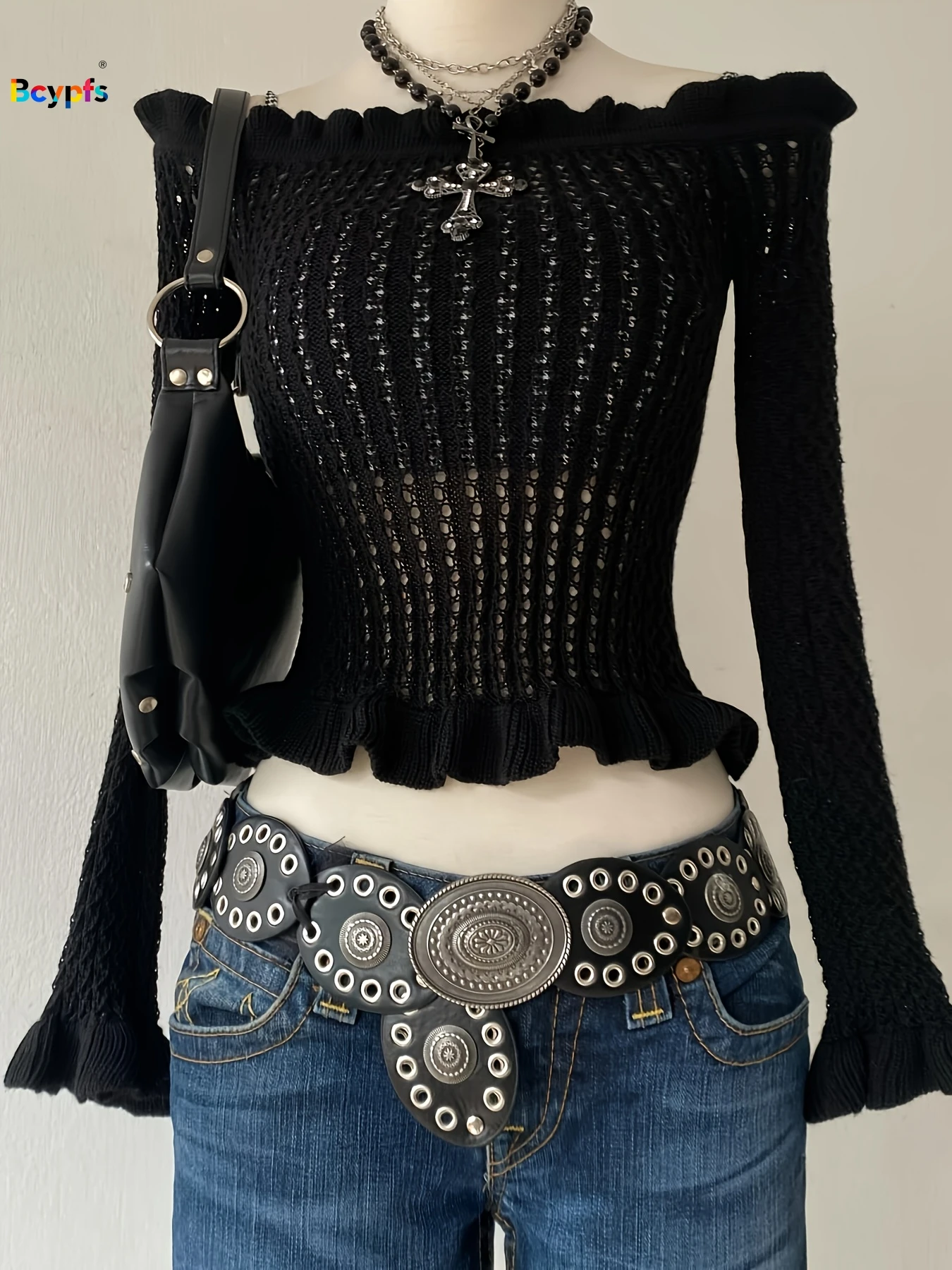 Gothic Punk Off-the-shoulder Knit Top Black Hollow-out Ruffled Hem LongSleeve CroppedSlimFit Y2K AestheticStreetwearforPartclub