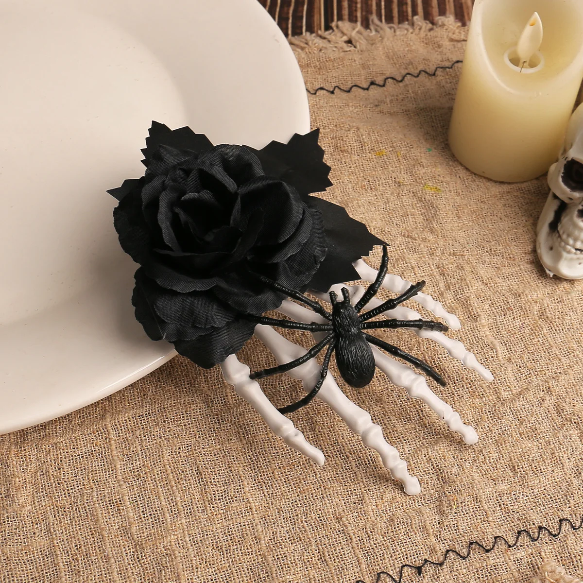 Halloween Spider Skull Decor Black Rose Hairpin Bone Claw Side Clip Hair Accessory Creepy Headdress Halloween Party Outfit view 2