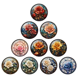 24pcs/lot Colored Rose Flower Art Patterns 8mm/12mm/20mm//25mm Round Photo Glass Cabochon Demo Flat Back Making Findings H305