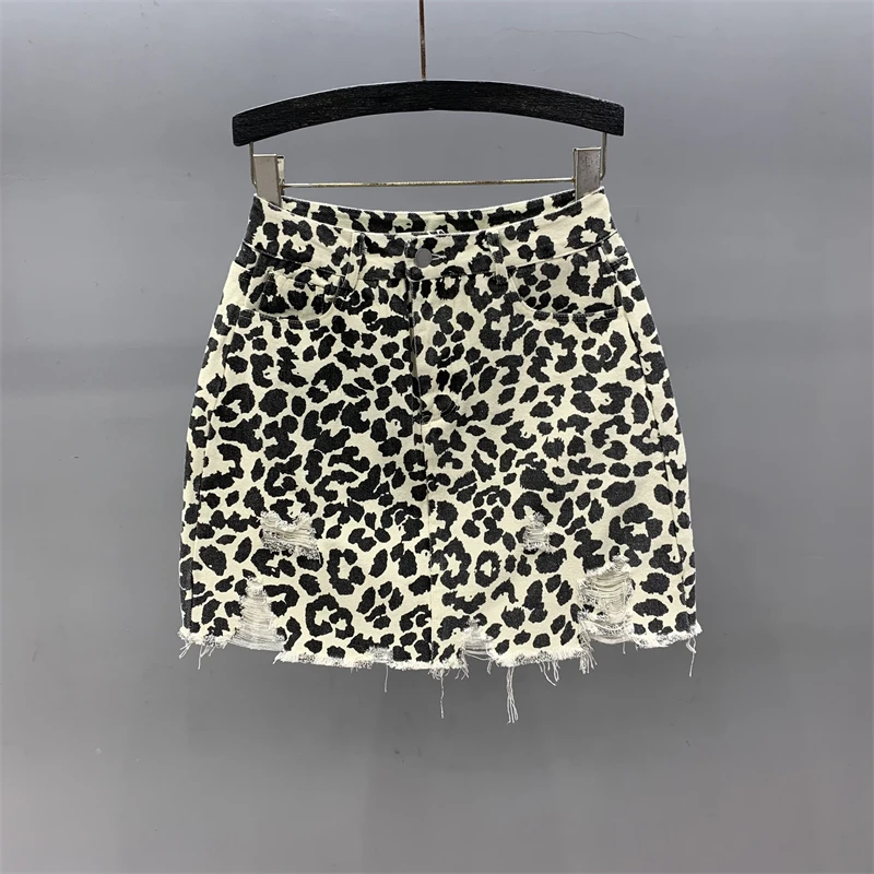 ZOCI-Falda vaquera de cintura alta con estampado de leopardo, nuevo estilo de verano, personalizada y elegante