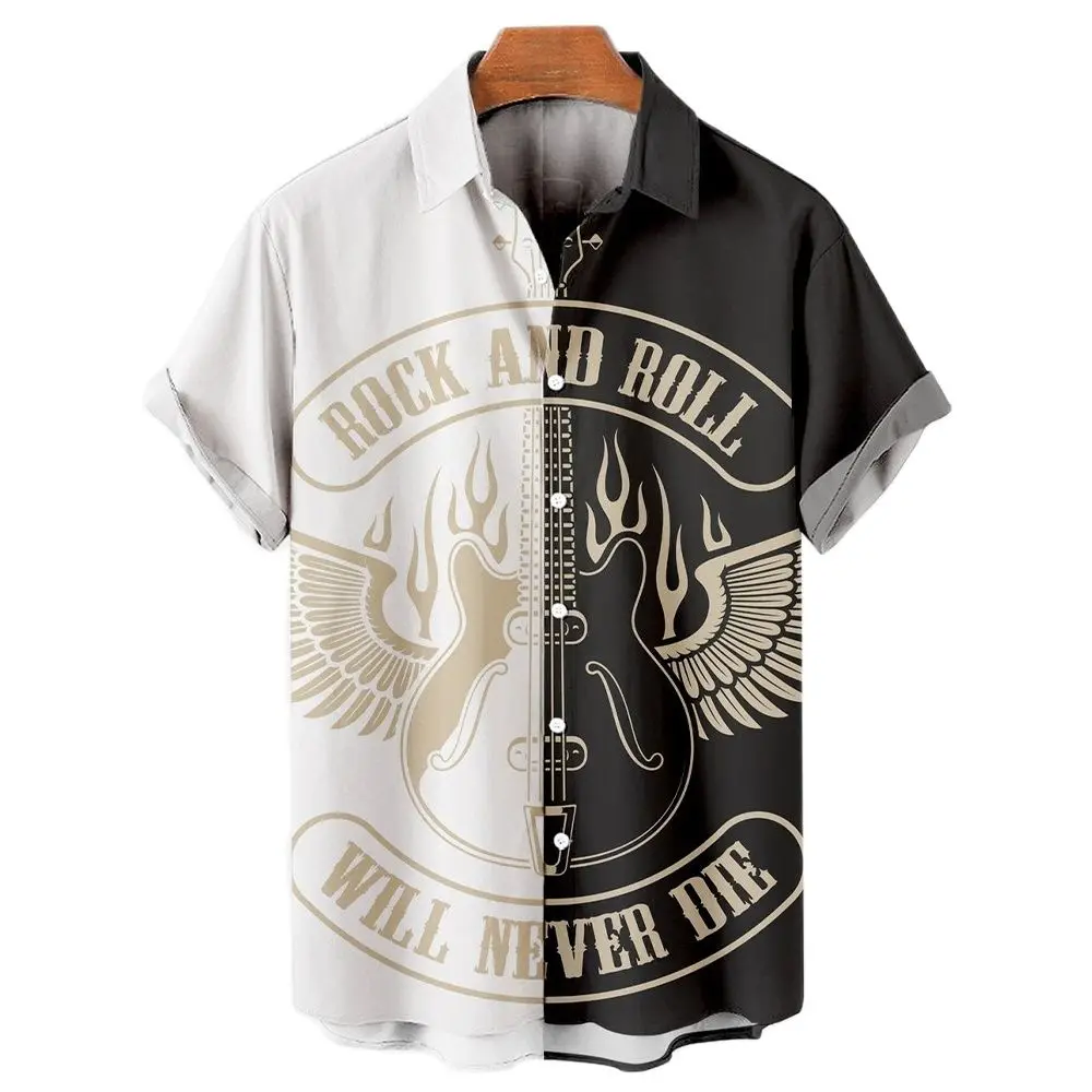 Men's Music Guitar Print Shirts Rock Hip Hop 2023 Men's Clothing Short Sleeve Beach Shirt Outdoor Street Social Vintage Shirt