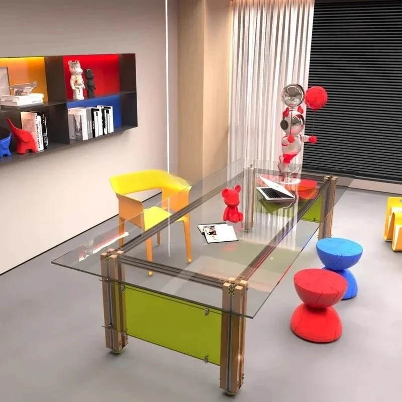 Light luxury creative home bedroom study aluminum profile work desk coffee table tempered glass table desk