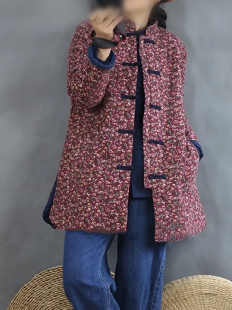 

Faionable Floral Cotton Jaet Women's Winter Warm Coat Chinese Sle Button Design Loose Fit Long Sve Regular Length