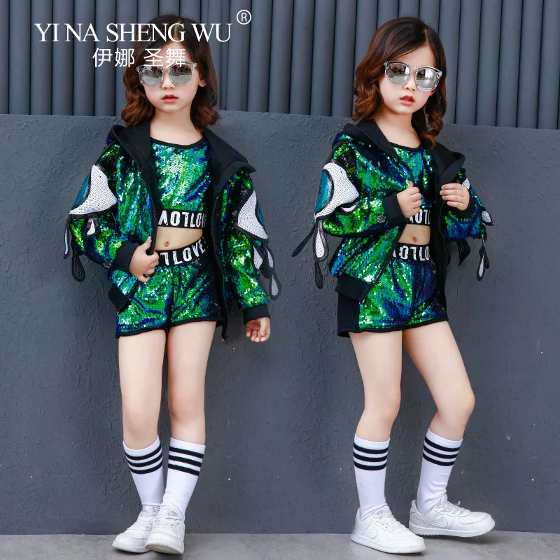 Neue Pailletten Jazz Dance Hip-hop Street Dance Set Kinder Modern Dance Auftritte Dunkelgrün Glänzende Pailletten Dance Outfit mädchen