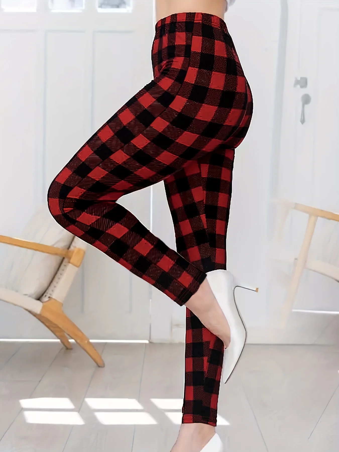 Women Fashion Plaid Printed Long Pants Casual High Waist Pencil Pants Ladies Elegant Slim Long Pants