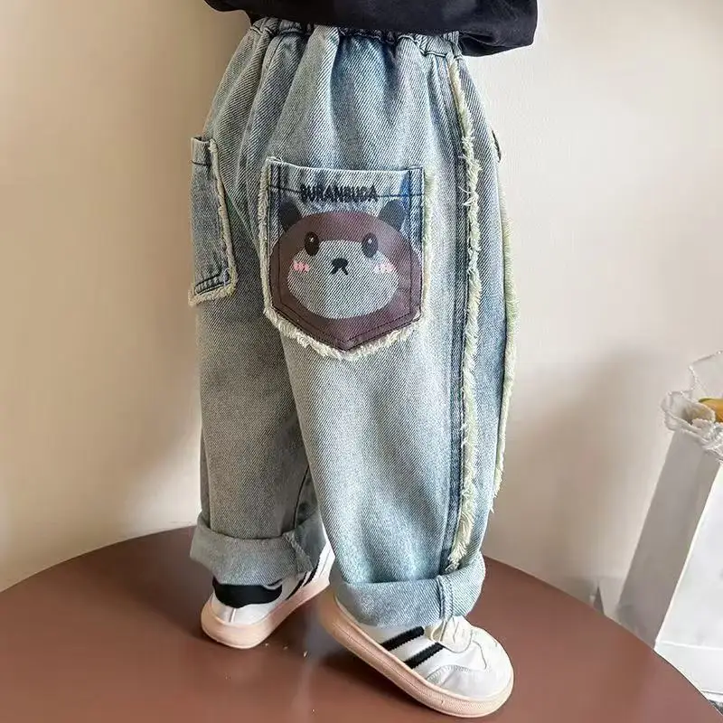 Girls' Jeans 2025 Spring and Autumn New Edition Cartoon Edge Soft Cowboy Casual Pants for Boys and Girls Baby Pants