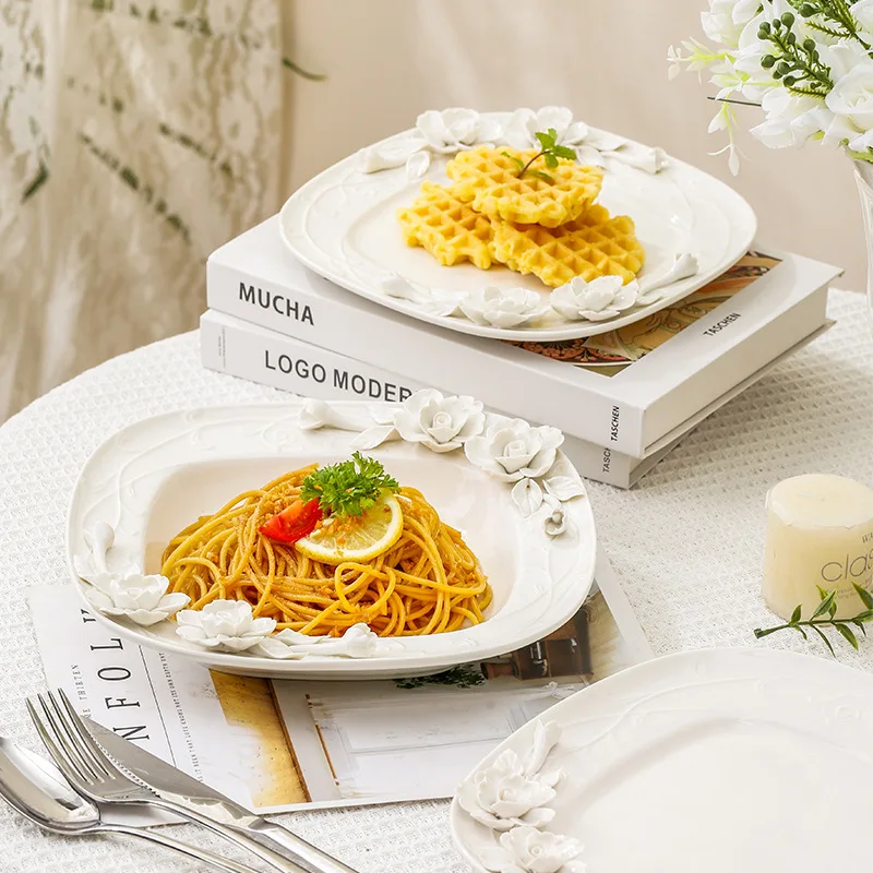 Restaurant Upscale Pasta Bowl Hand Pinching Flowers Steak Plate Relief Ceramic Dessert Dish High Aesthetic Dinner Set