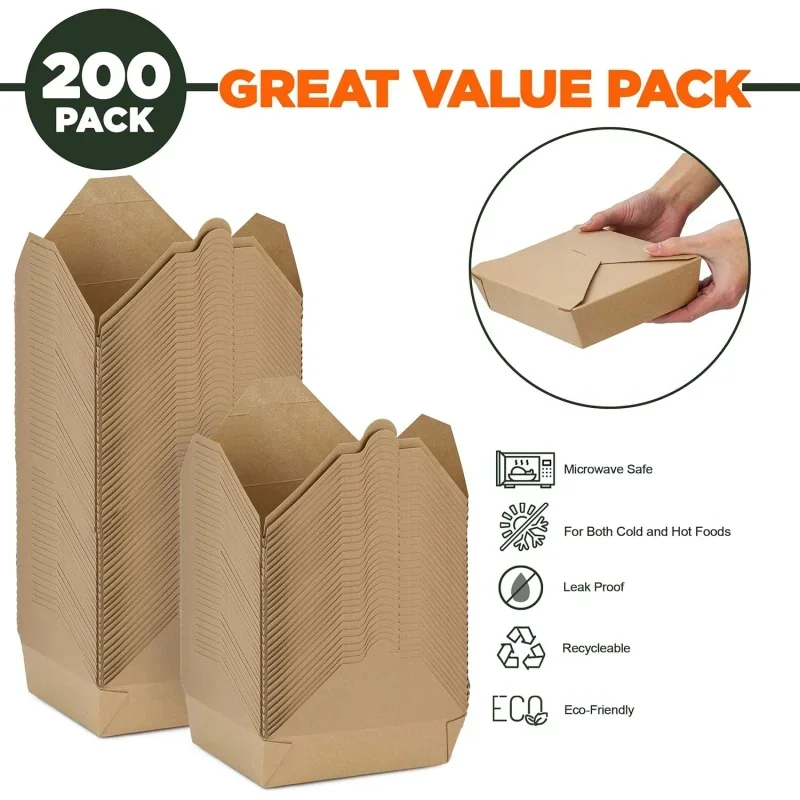 200 54 oz Disposable Take Out Containers Microwaveable Kraft Paper To Go Boxes