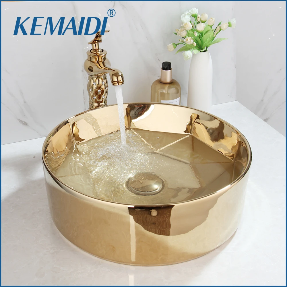 

KEMAIDI Gold Ceramic Wash Basin Retro Counter Basin Mixer for Home Hotel Bathroom Wash Basin Sink with Faucets Accessories