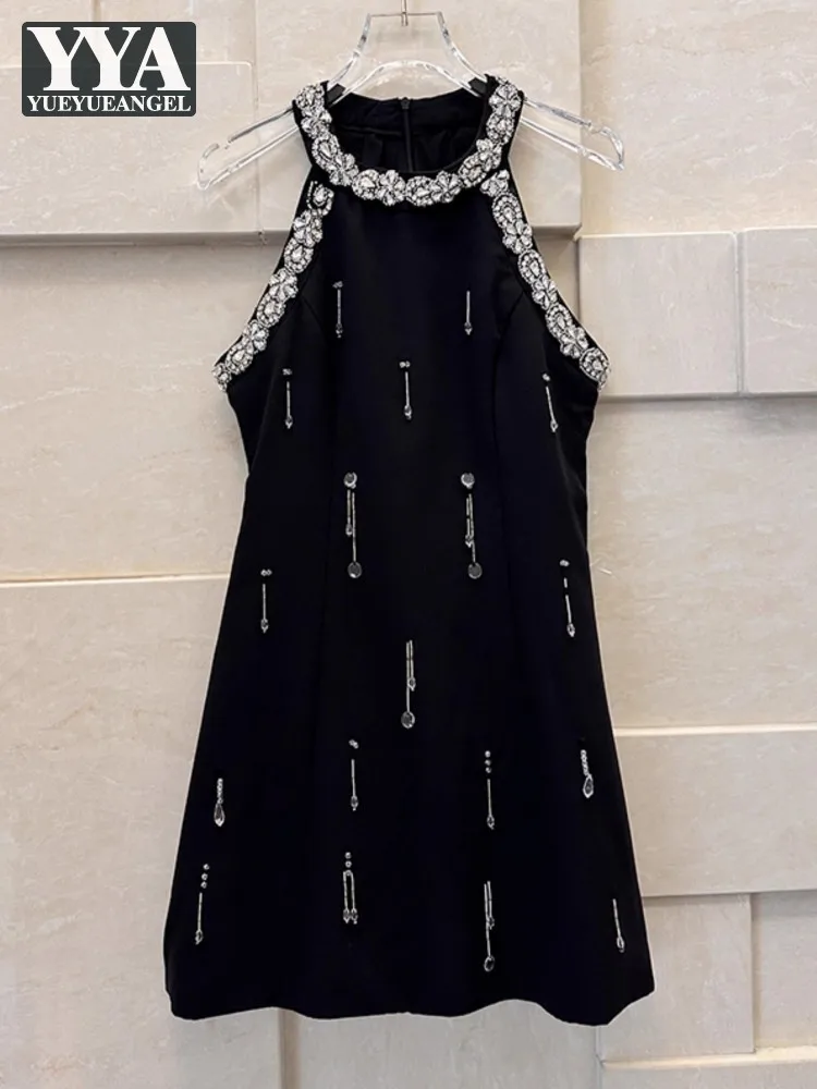 

Summer New Sweet Ladies Party Shiny Diamonds Beading Dress Women Sleeveless Halter Black Dresses French Style Slim Fit Dresses