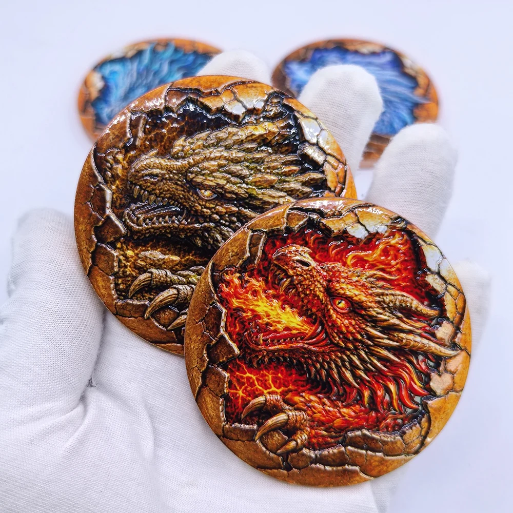 4 pièces de pièces commémoratives en cuivre fin .999 de 5 OZ, Dragon Mythique, motif Œuf Cassé, Dragon Feu, Glace, Terre, Glace de Glace, objets artisanaux, cadeau de collection