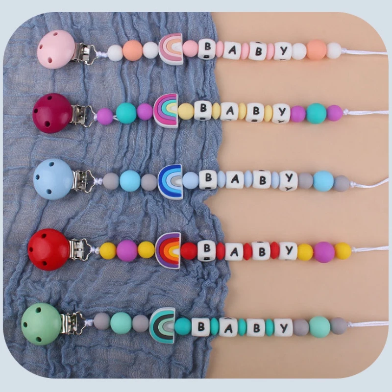 INS Baby Pacifier Clip Chain Personalized Name Dummy Nipple Holder Clips Silicone Rainbow Safe Teether Accessories Teething Toys