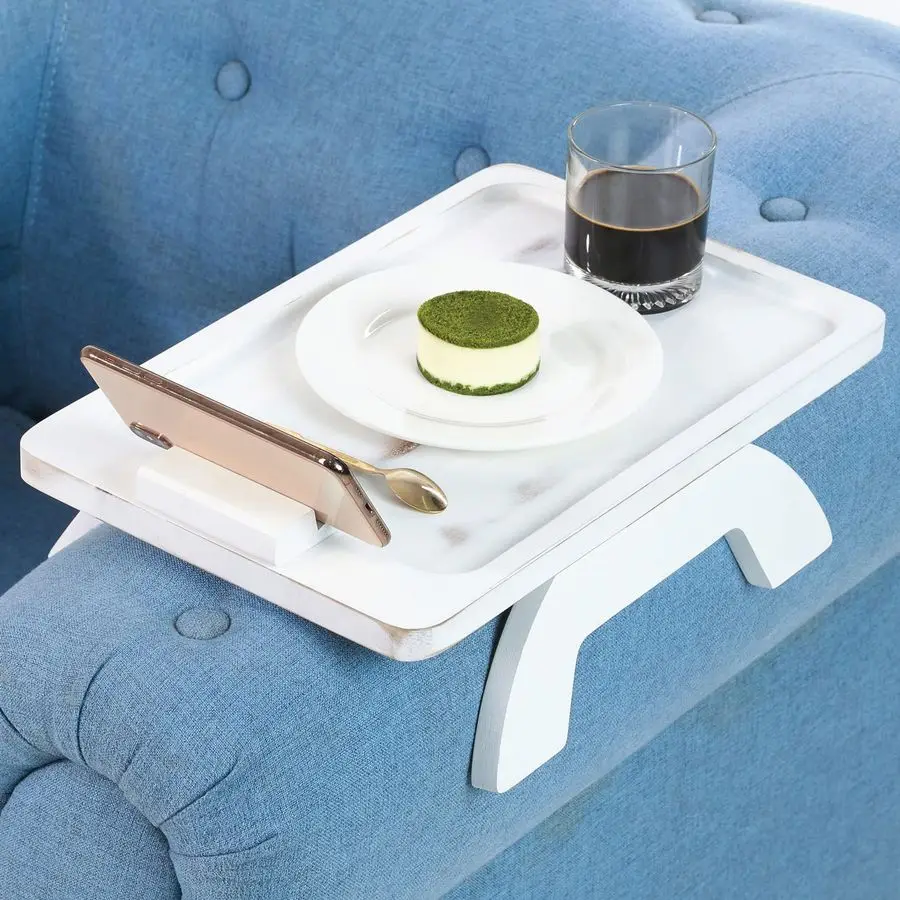 

Поднос для подлокотника дивана, поднос-столик из акации с креплением на подлокотник, с поворотным на 360 градусов держателем для телефона, подходит для большинства размеров подлокотников диванов, нескользящий, для спа-процедур