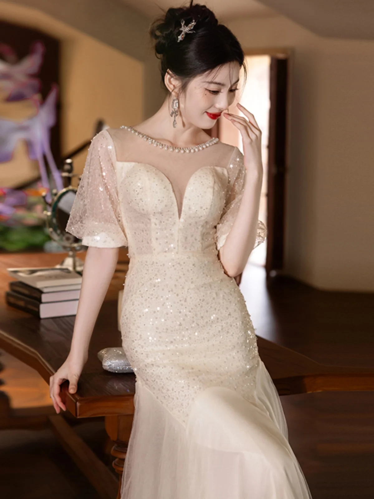 

Ele ort Tail Evening Dr Women's Host Gown Luxury High-Quali Fi Tail Evening Dr for Wedding And Par