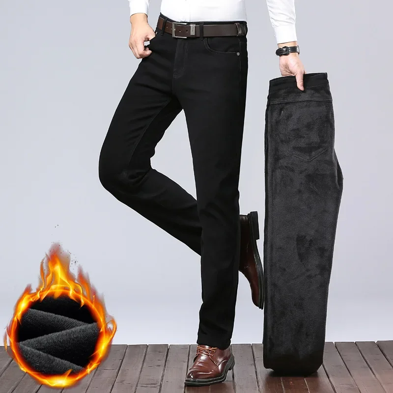 Lee Dexjeans Men's Fleece-lined Thickened Black Winter Warm Straight-leg Loose-fit Mid-age Business Casual Elastic