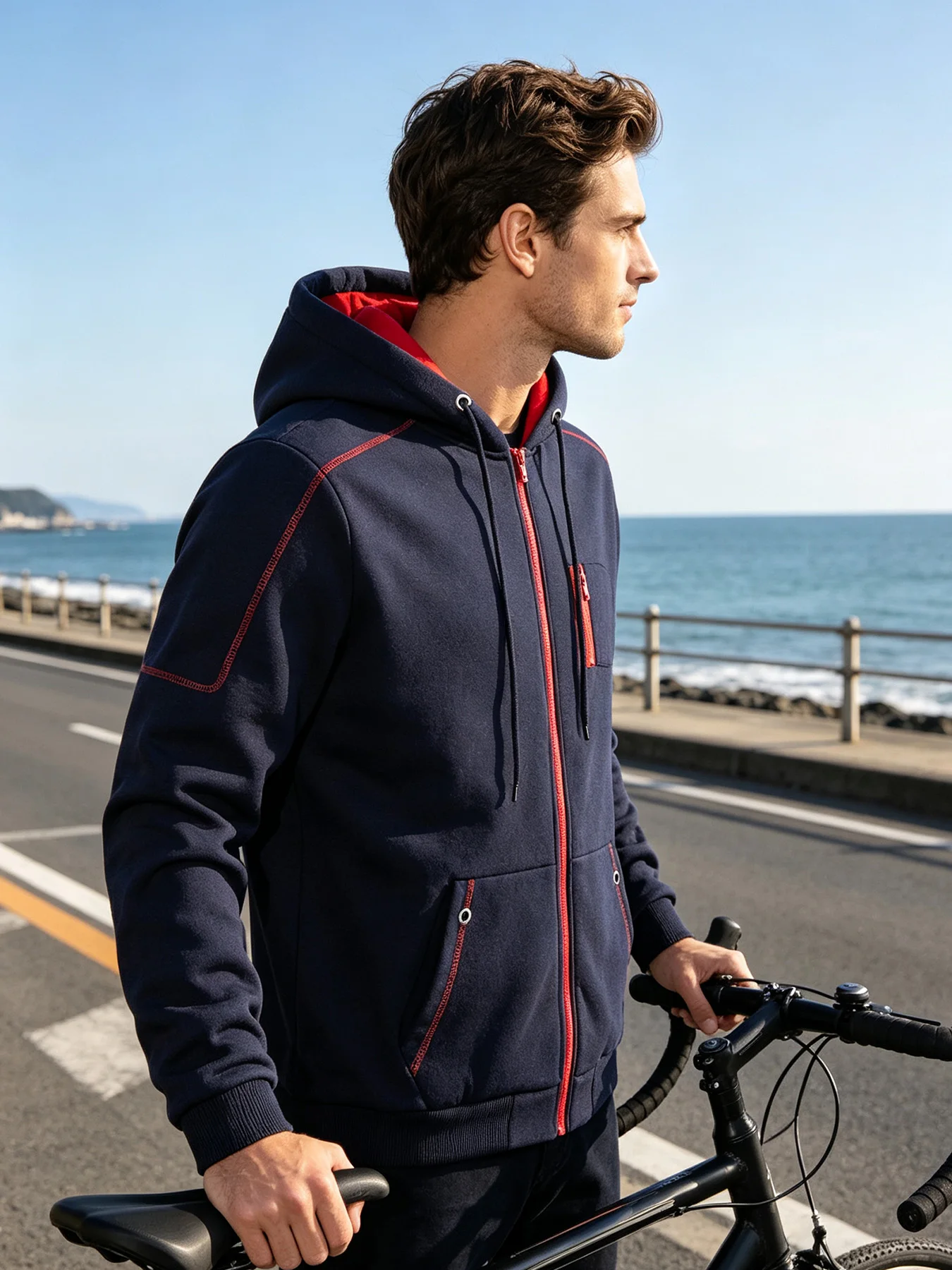 Minimalist Heather Knit Thermal Zip Jacket Men Stand Collar Contrast Zipper Tape Hand Pockets Ribbed Hem Cuff Soft Knit Fabric