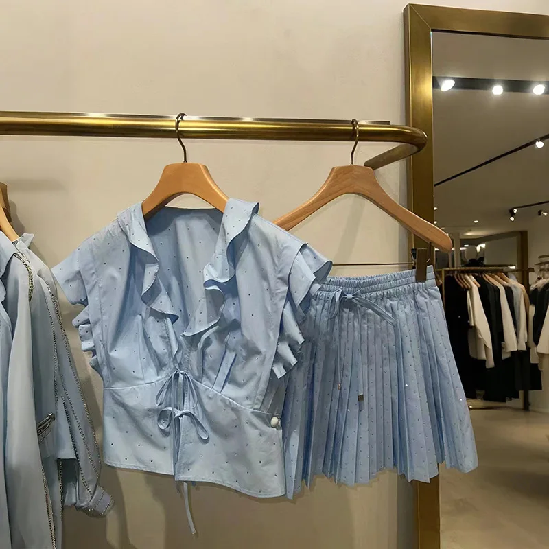 

Rhinestone Embellished Women's Ruffle V-Neck Tie Sleeveless Top or Drawstring Elastic Waist Pleated Skirt Ladies Elegant Set