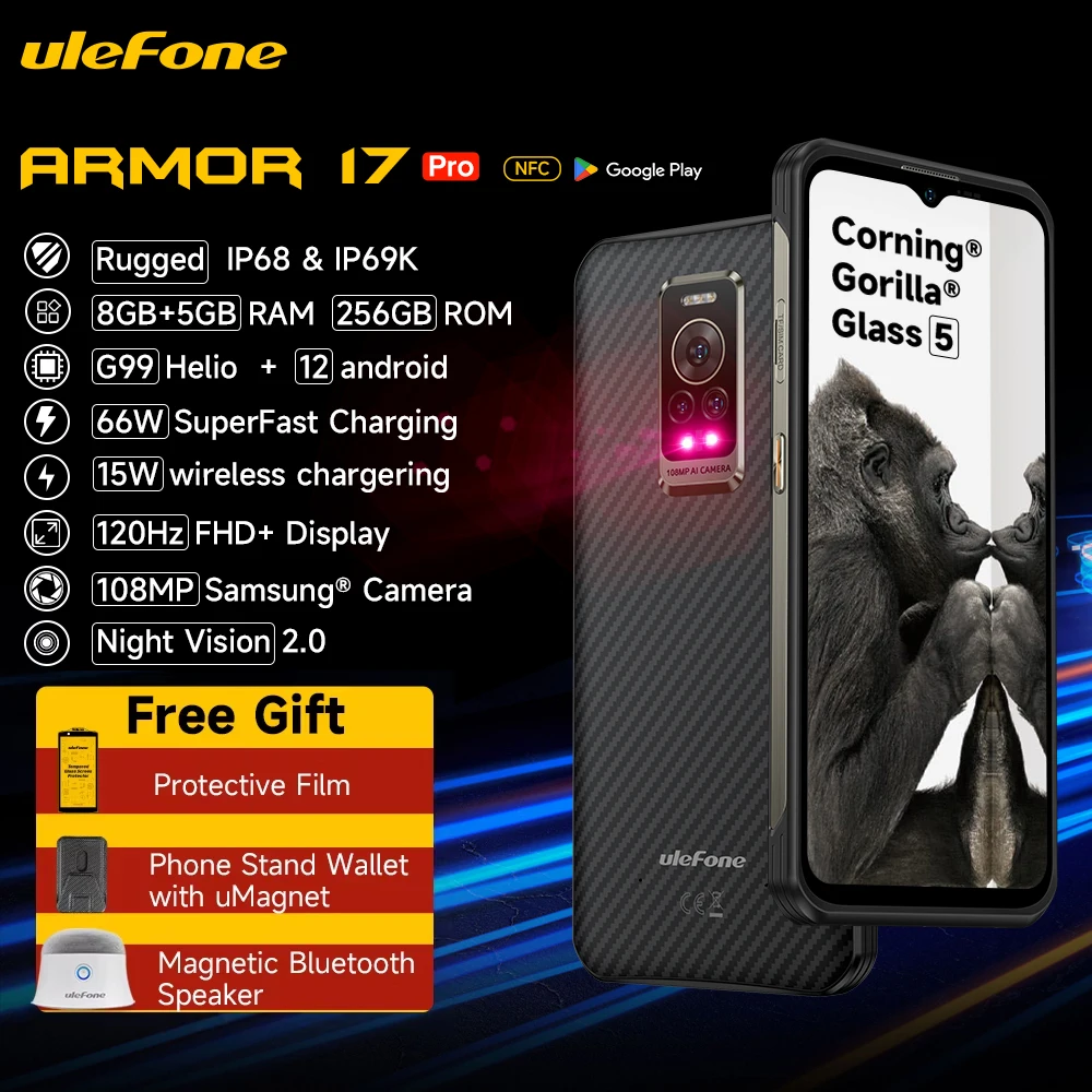 Ulefone Armor 17 Pro 견고한 스마트폰, 나이트 비전, 헬리오 G99 4G 휴대폰, 120Hz, 108MP, 안드로이드 12, NFC 글로벌, 13GB, 256GB