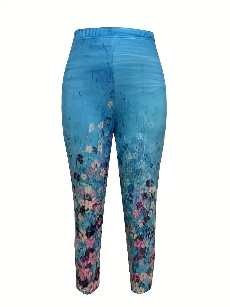 Plus Size 1XL-5XL Women Casual Capri Leggings Women\'s Plus Floral Print High Rise Skinny Capri Leggings