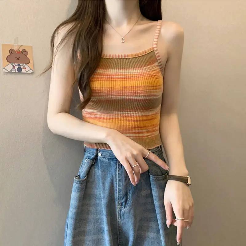 Colorful striped small camisole vest for women summer sweet spicy Knitted short sleeveless top outerwear interior design camisol