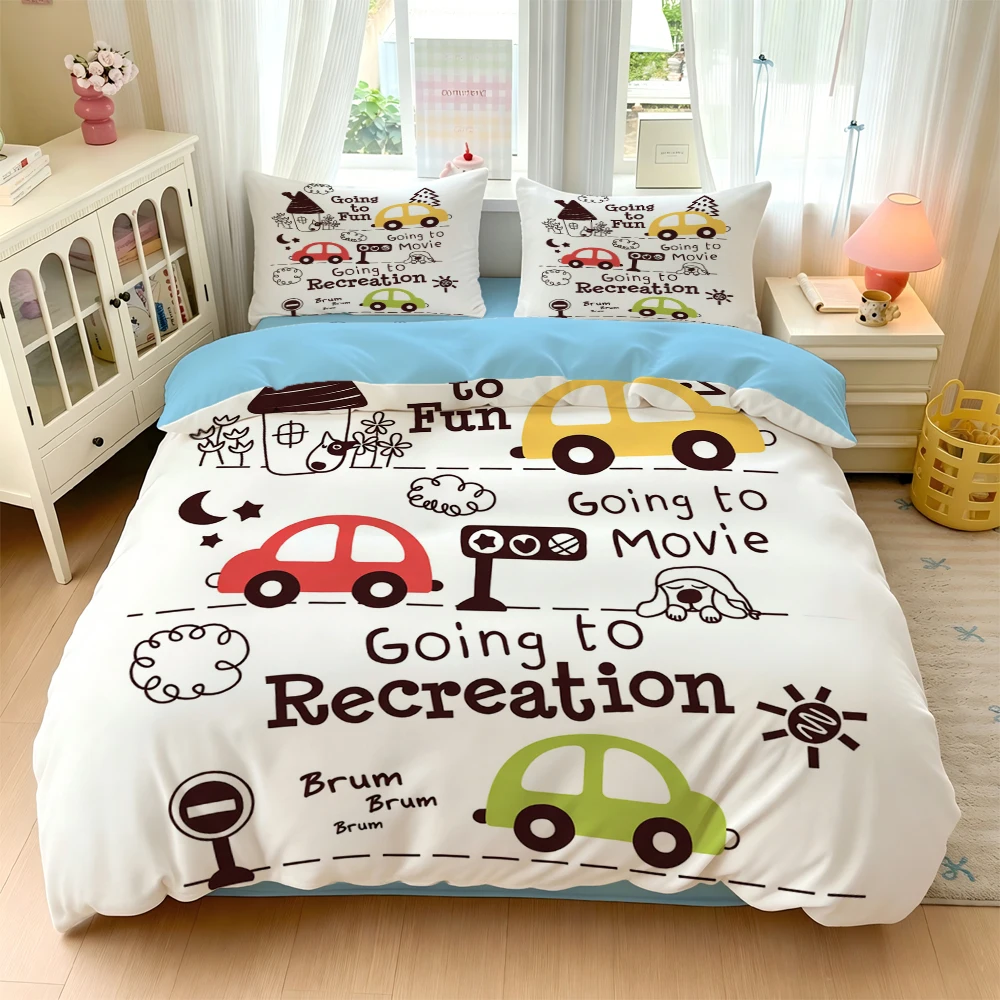 3/4Pc Digital Printed Ultra-Soft Home Bedding Four-Piece Set, Cute Cartoon Car Pattern, Comfortable and Breathable Bedding Set, Home Bedding Single-Person Three-Piece Set, Dormitory Bedding, Suitable for All Seasons, Duvet Cover + Pillowcase + Bed Sheet, Does Not Include Pillow Core or Quilt Core