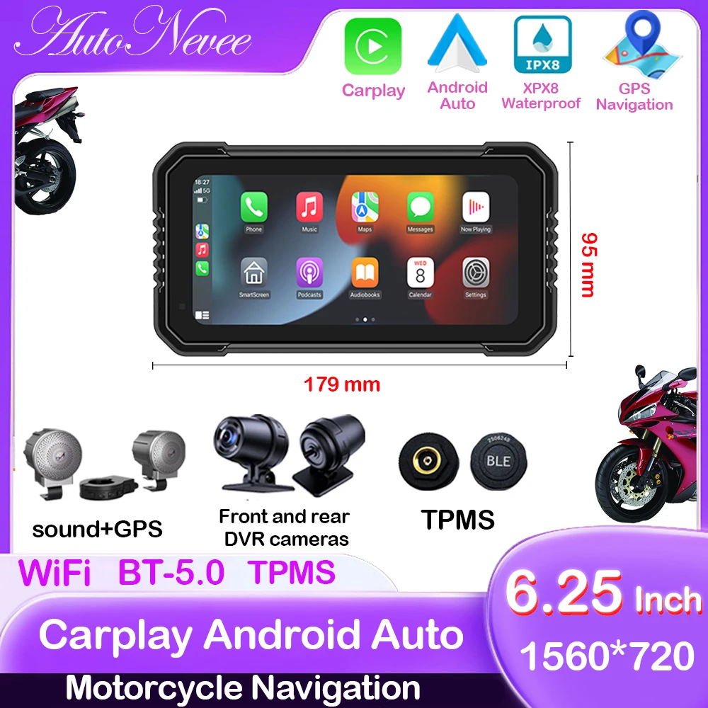 

6.25 Inch Motorcycle Navigation Screen Wireless CarPlay Android Auto Motorcycle GPS Motor Dual DVR Monitor AMP TPMS Optional