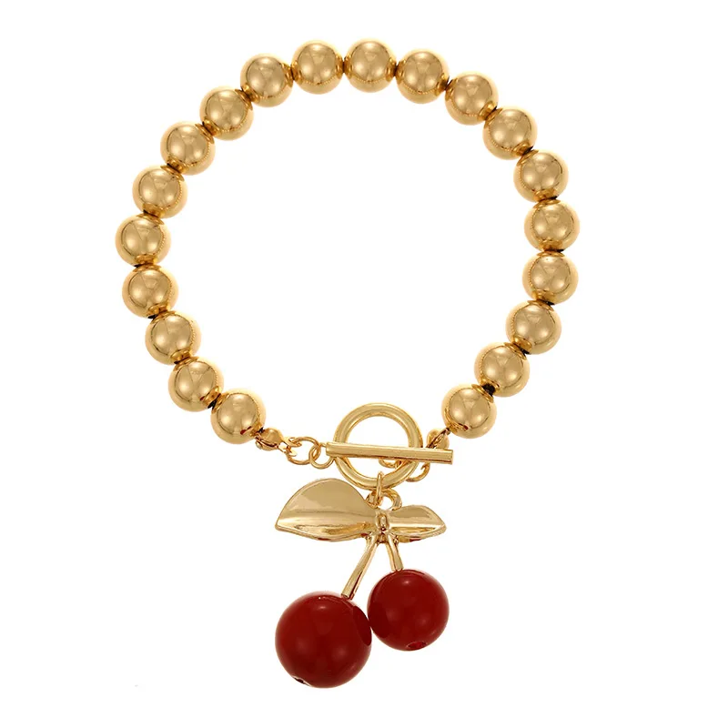 1pc Resin cherry OT buckle copper beaded bracelet, suitable for women\'s daily wear