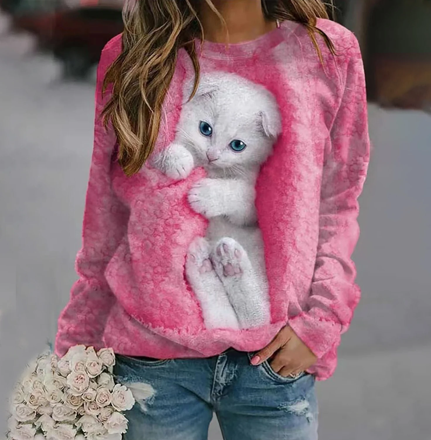 Women's Sweatshirt Pullover Cat Street Casual White Sports Basic Round Neck Long Sleeve Micro-elastic Fall & Winter Pull On Tops