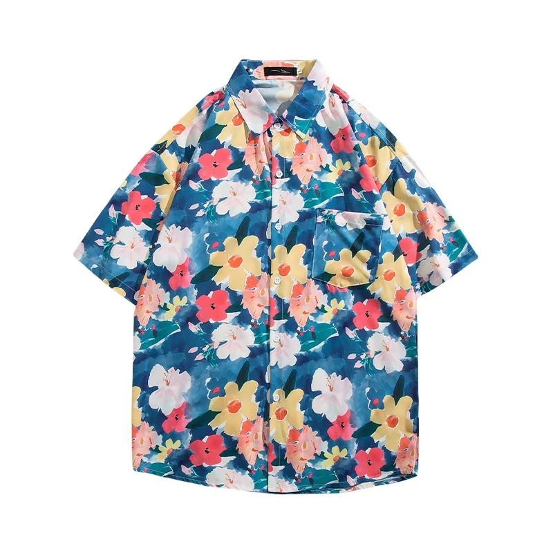Summer Men's Beach Vacation Short Sleeve Floral Shirt Retro Hawaiian Beach Travel Casual Loose Handsome Printed Shirt Coat